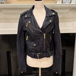 Michael Michael Kors Deep Navy Blue Leather Moto Jacket - Size Medium